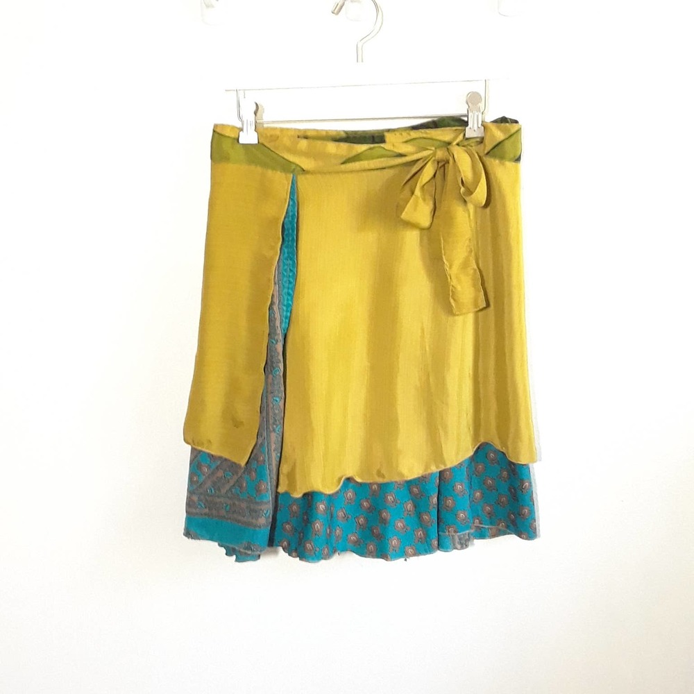 Indian Sari Mini Wrap Skirt Green Blue Reversible - Small Medium Large XL *flaw